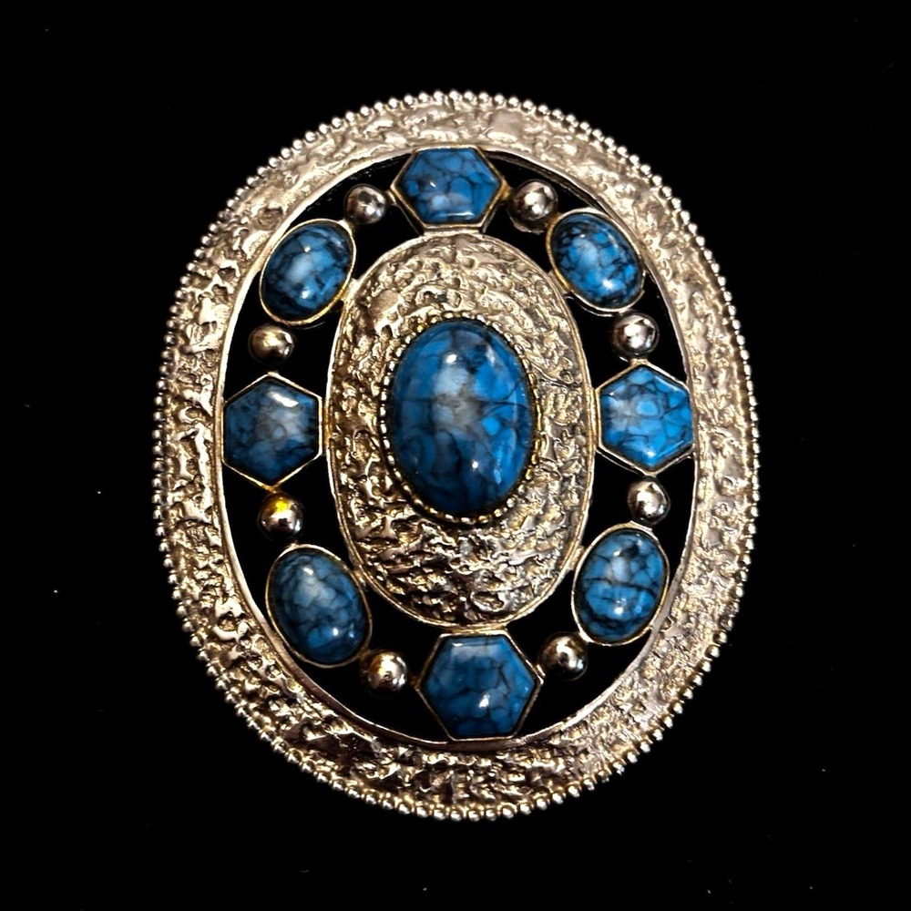 Oval Silver-Tone Turquoise Blue Cabochon Bezel pendant  3 in[JB2]
